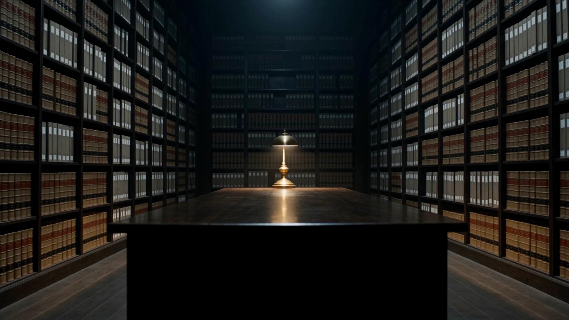 Une lampe seule sur une table, au fond d'une salle d'archives plongée dans l'ombre.
